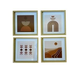Set of 4 Boho Abstract Framed Wall Art Print Terracotta Earth Tones Square Decor
